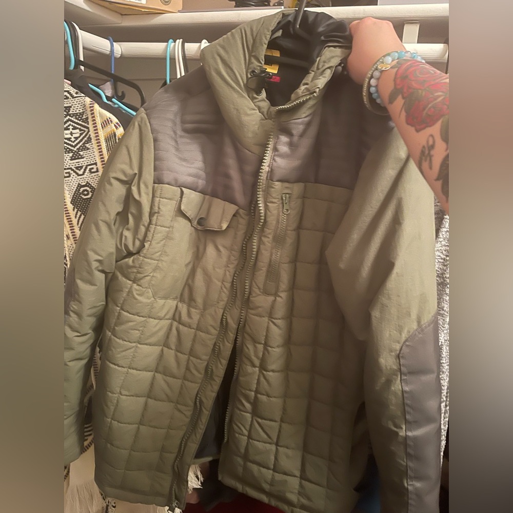 Very light fall zip up coat with hoodie, worn once,like new,olive green color
